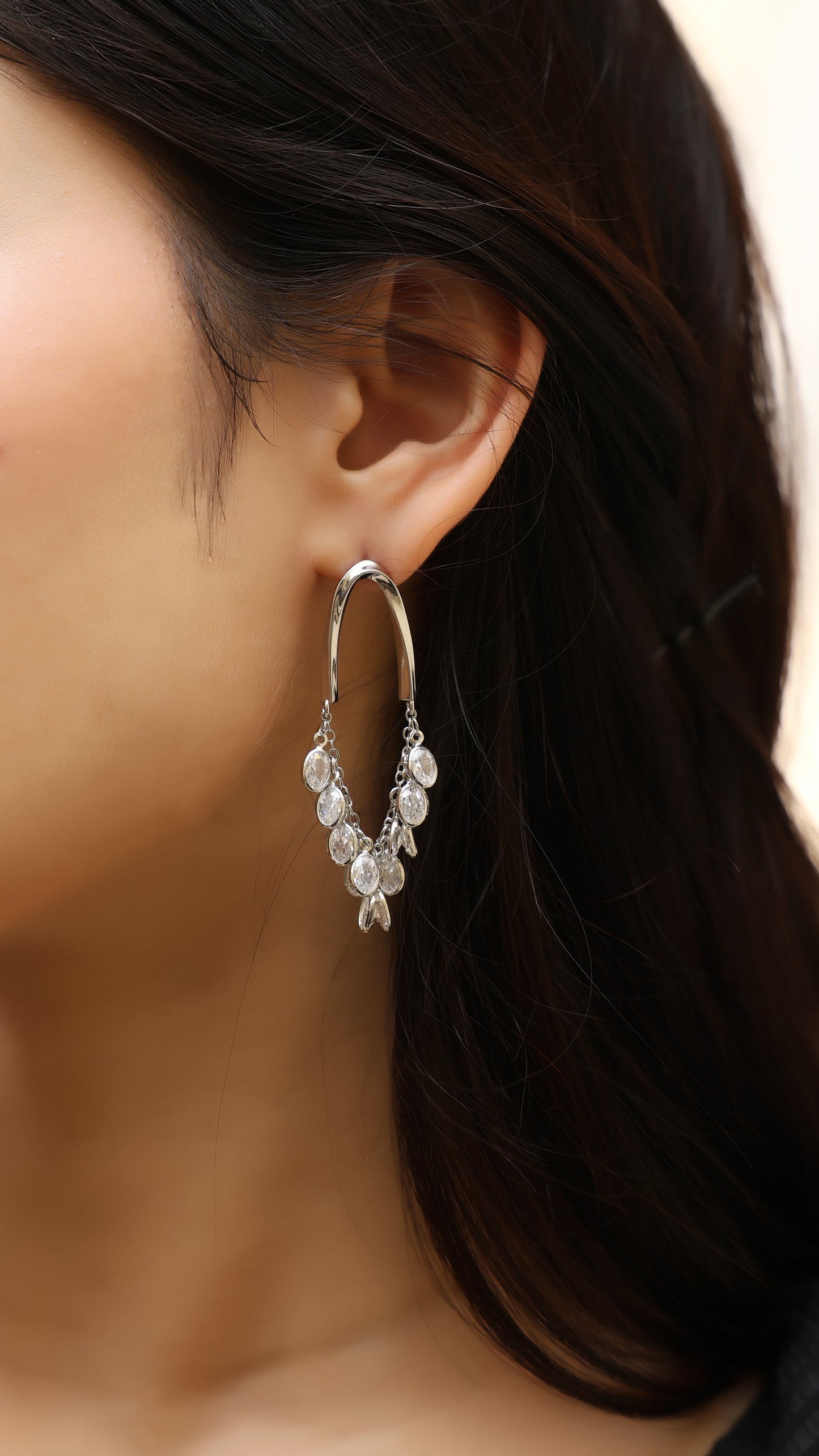 Silver Oval Hoop Earring with Crystal Drop Charms