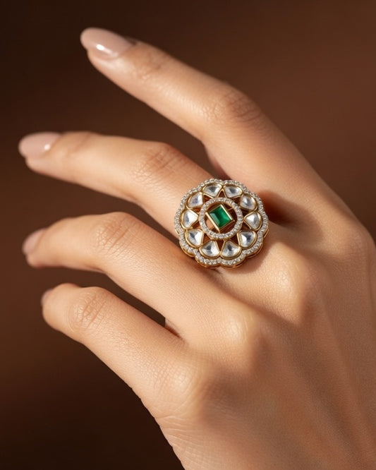 Green Emerald Kundan Ring